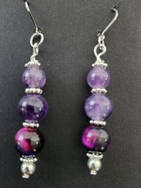 Drop Earrings Aurora Tigers Eye Amethyst Handcrafted